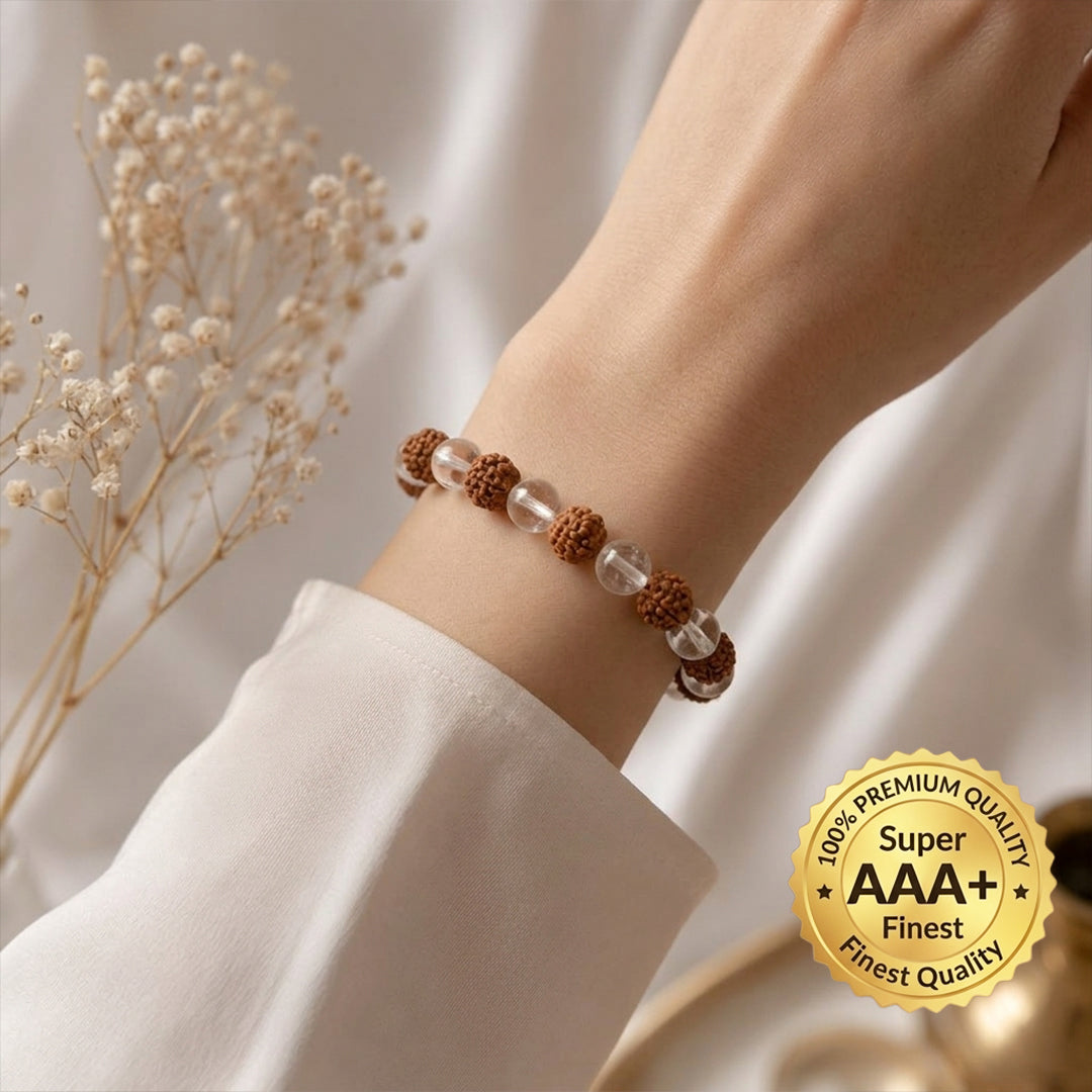 Natural Rudraksha & Rock Crystal Bracelet (Lab Certified)