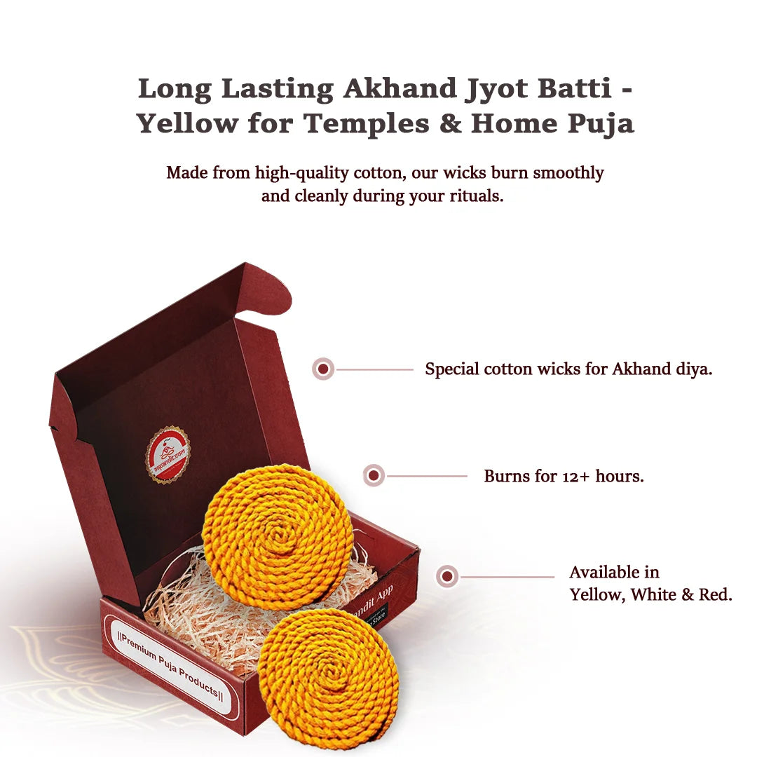 Long Lasting Akhand Jyot Batti - Yellow for Temples & Home Puja