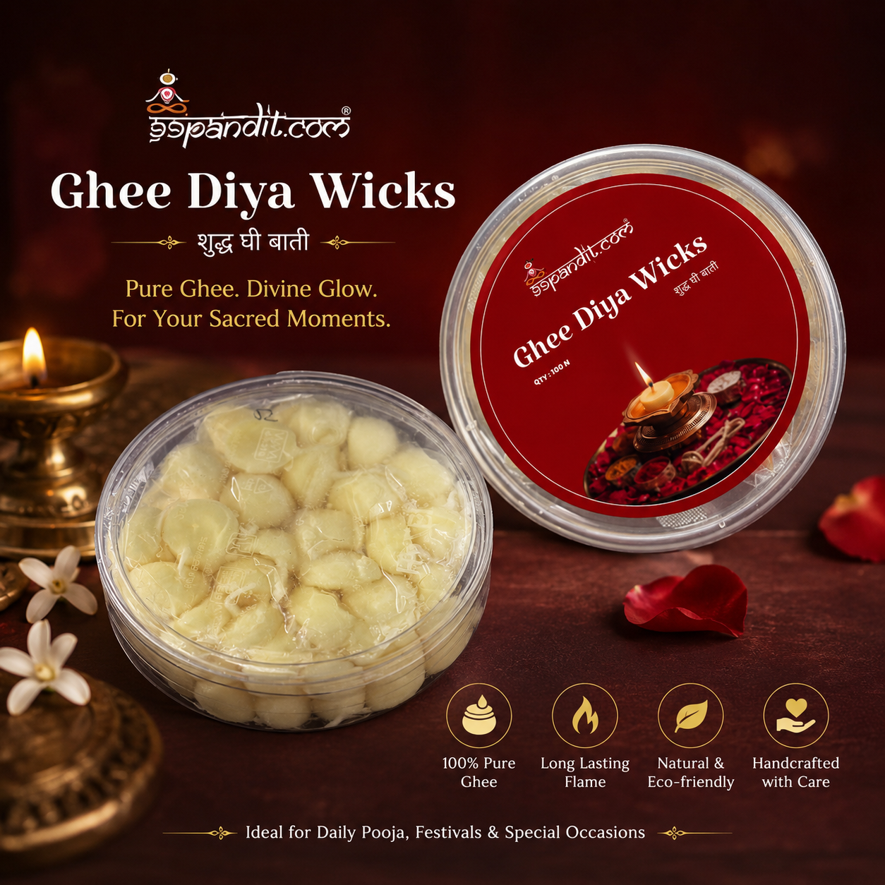Pure Cow Ghee Diya Wicks (100 Pieces) – Ready-to-Use Puja Batti | 99Pandit