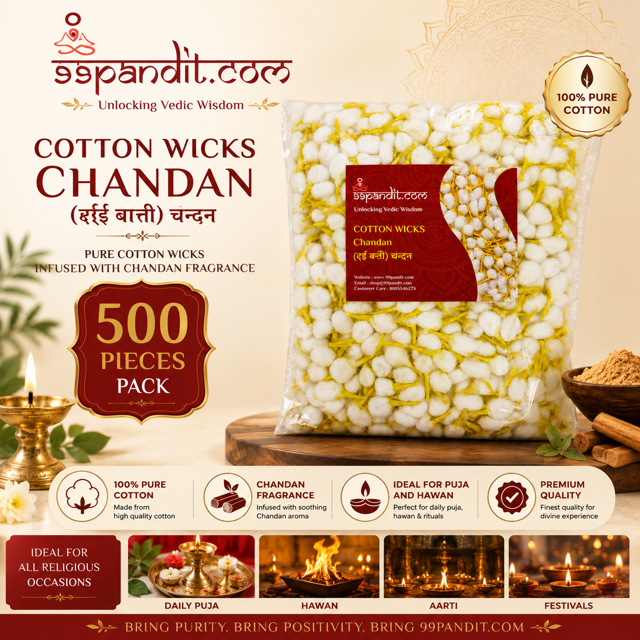 99Pandit Handmade Round Cotton Wicks (Phool Batti) | 500 Pieces Pack for Pooja & Aarti