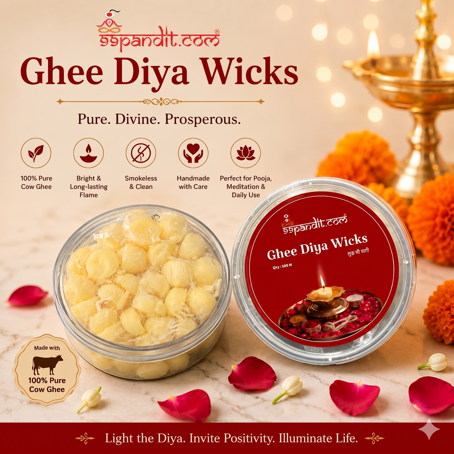 Pure Cow Ghee Diya Wicks (100 Pieces) – Ready-to-Use Puja Batti | 99Pandit