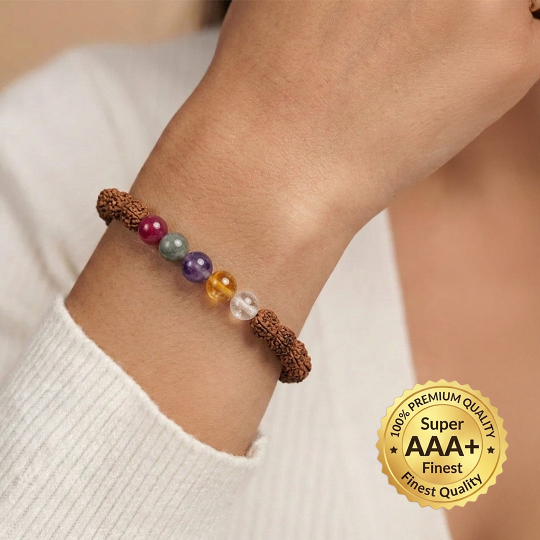 Natural Rudraksha Bracelet (5 Chakra Gemstones) (Lab Certified)