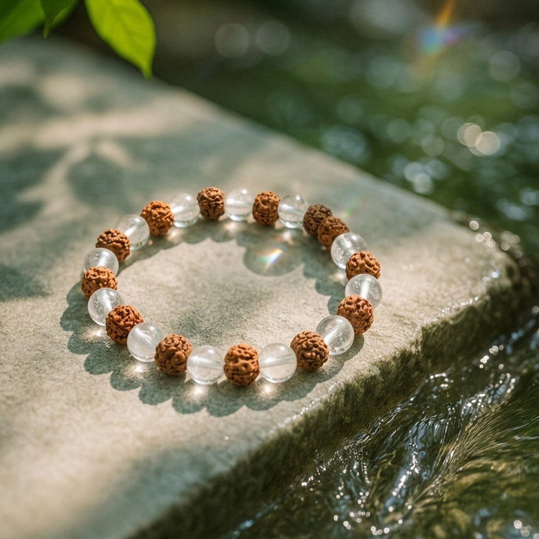 Zodiac Pisces Natural Rudraksha & Rock Crystal Bracelet