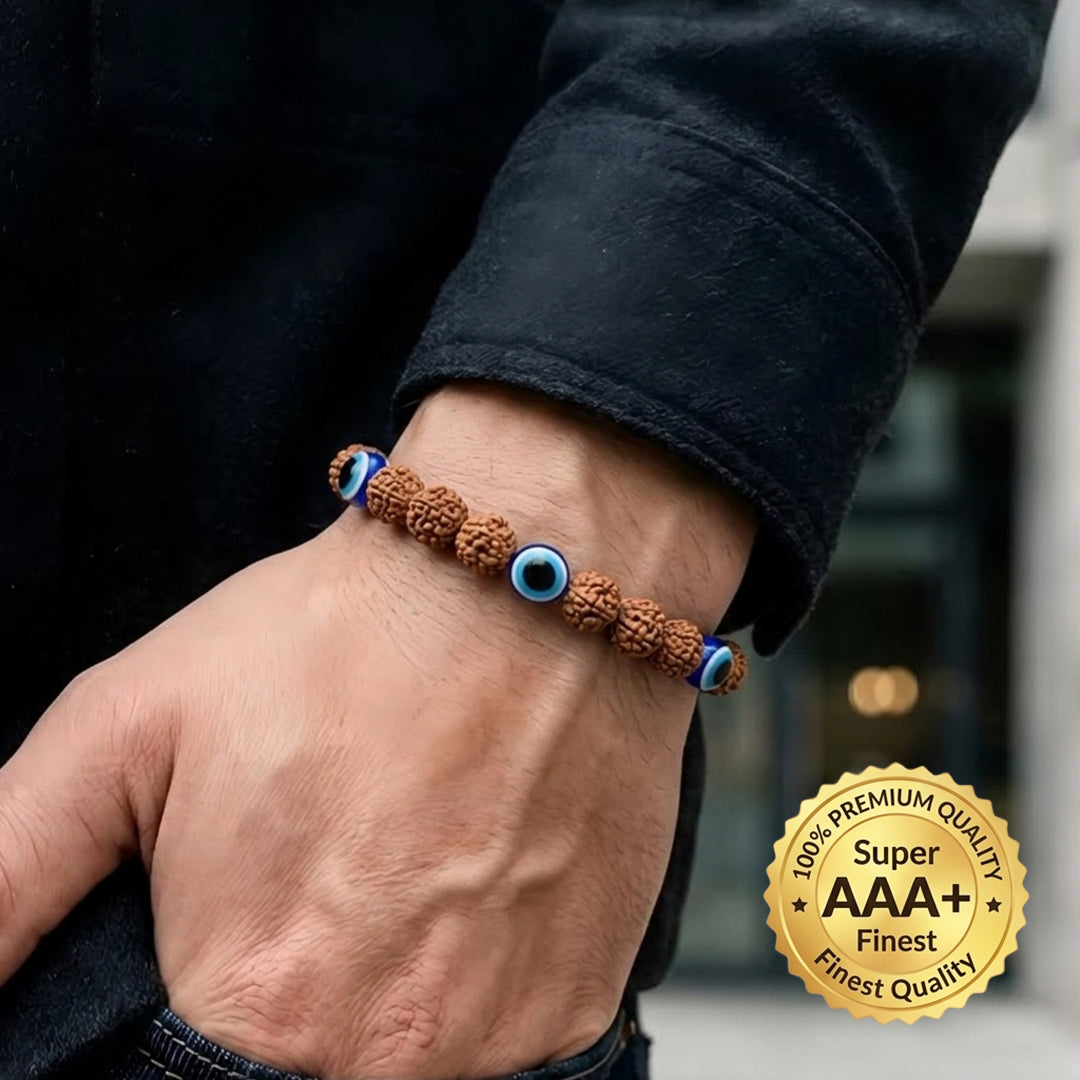 Natural Rudraksha Bracelet 5 Face with Evil Eye (Lab Certified)
