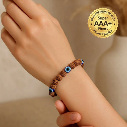 Natural Rudraksha Bracelet 5 Face with Evil Eye (Lab Certified)