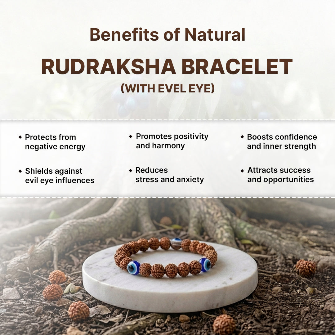 Natural Rudraksha Bracelet 5 Face with Evil Eye (Lab Certified)