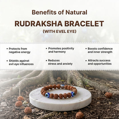 Natural Rudraksha Bracelet 5 Face with Evil Eye (Lab Certified)