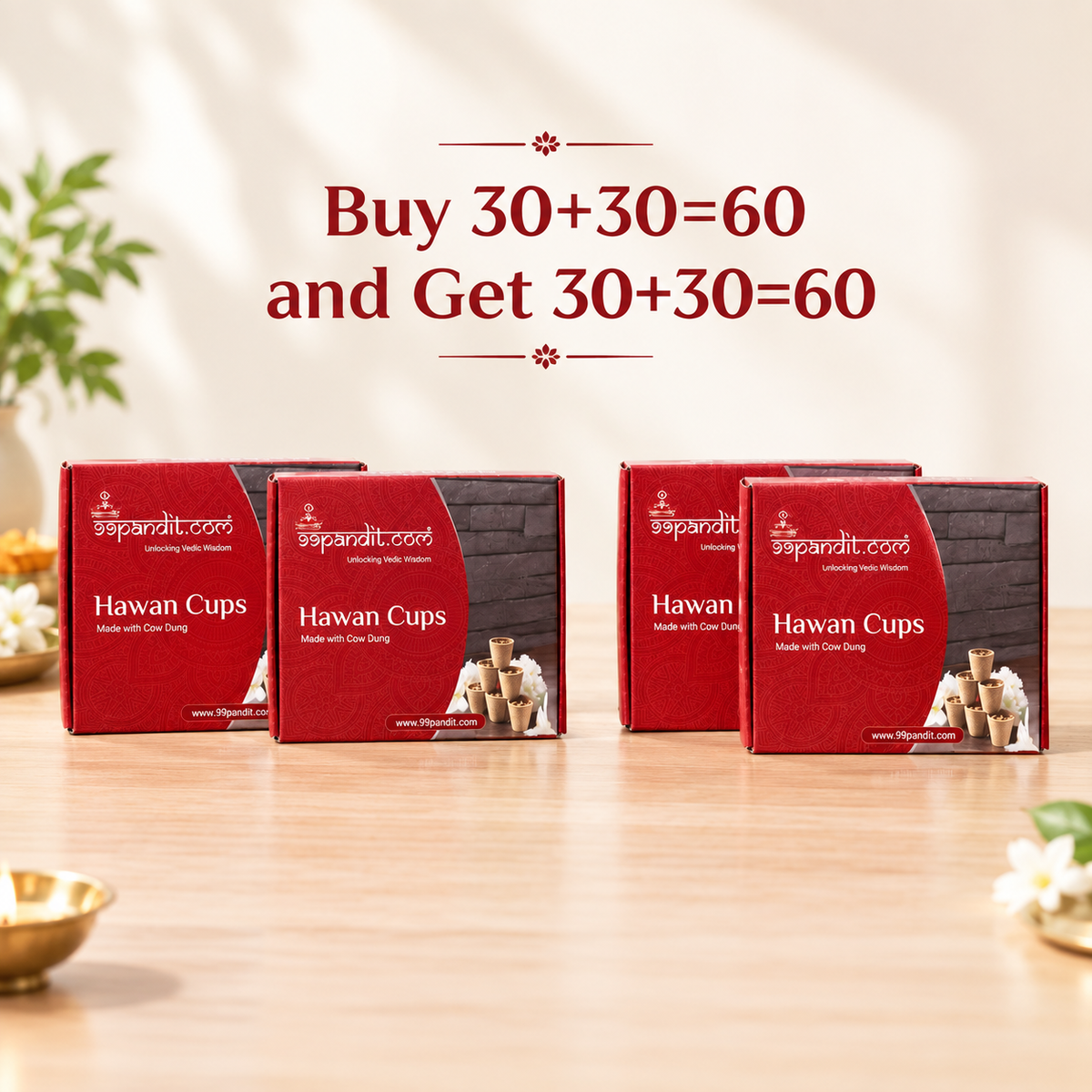Buy 1 Get 1 Free – Natural Cow Dung Sambrani Hawan Cups | 60 Pcs