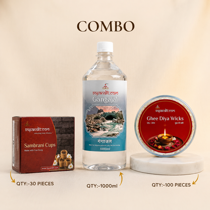 Havan cups (30pcs) + Gangajal (1000ml) + Ghee Diya Wicks (50pcs) combo