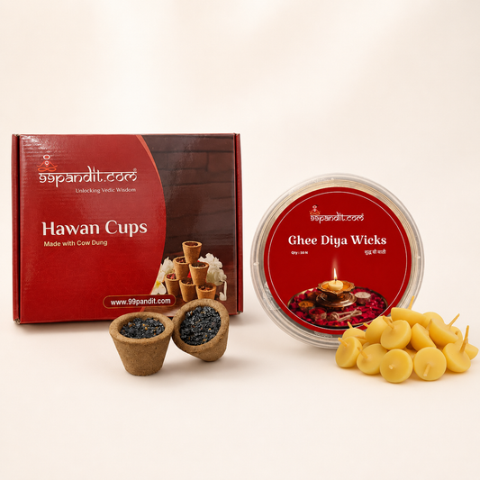 Natural Cow Dung Hawan Cups (120Pcs) + Ghee diya wicks