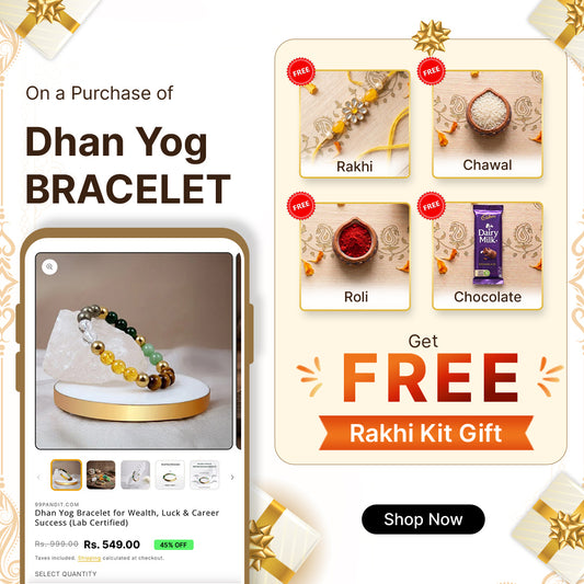99Pandit Dhan Yog Rakhi gift combo box featuring gemstone bracelet, designer rakhi, roli chawal, and Cadbury chocolate for brother.