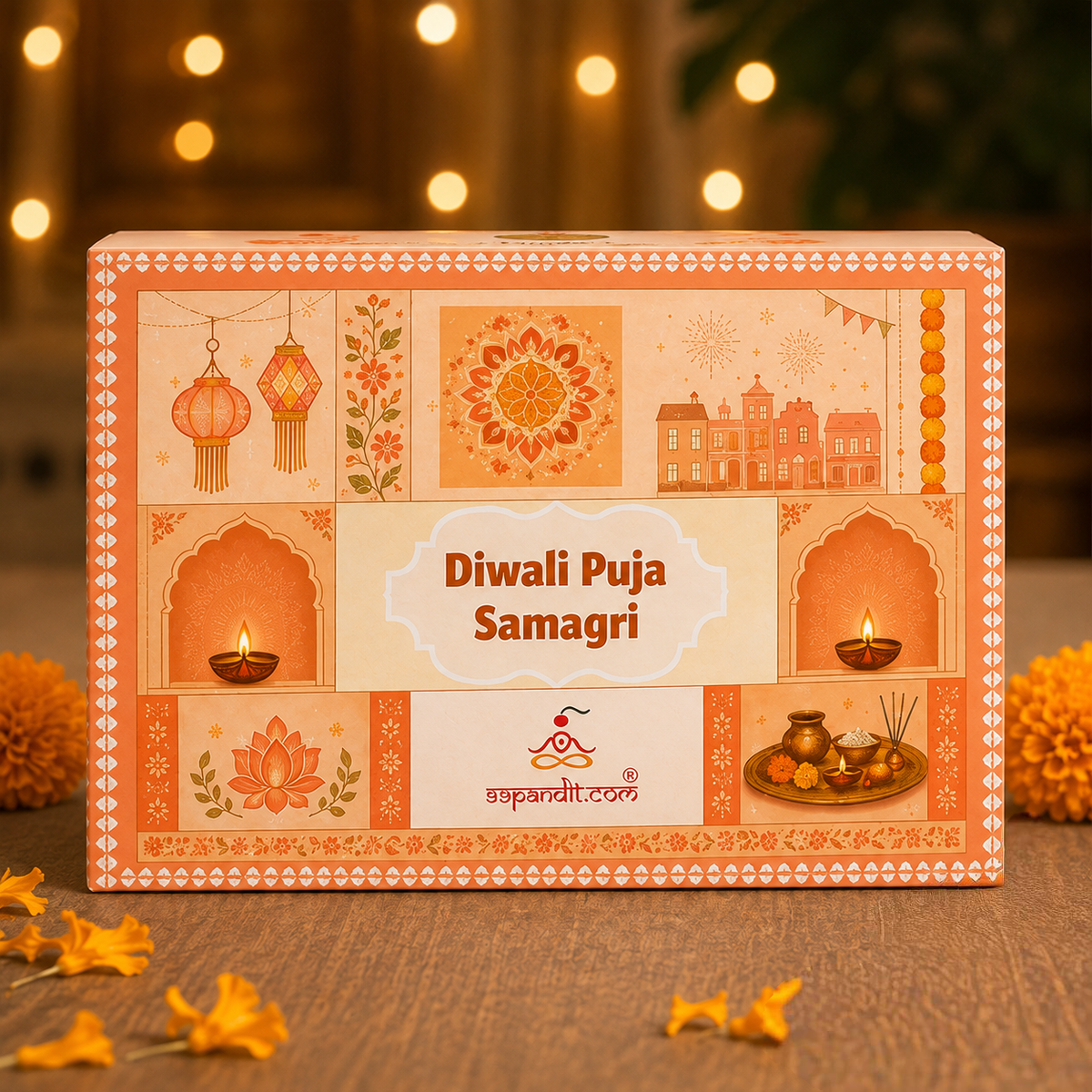 Front view of Diwali puja samagri kit box with scattered marigold petals on a wooden surface
