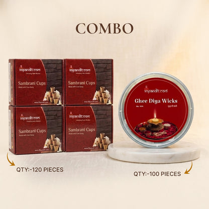 Natural Cow Dung Hawan Cups (120Pcs) + Ghee diya wicks (Combo)