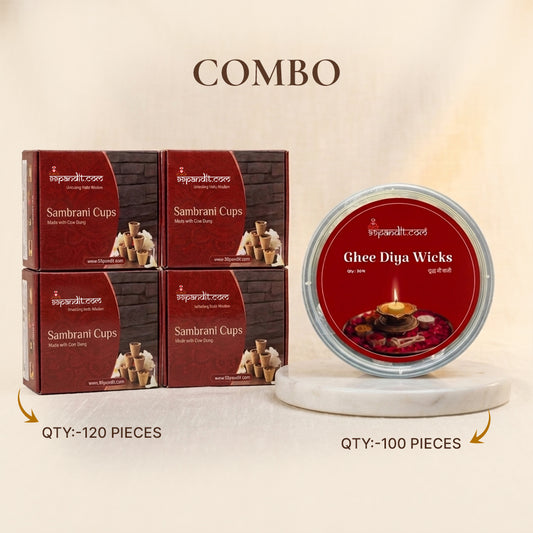 Natural Cow Dung Hawan Cups (120Pcs) + Ghee diya wicks (Combo)